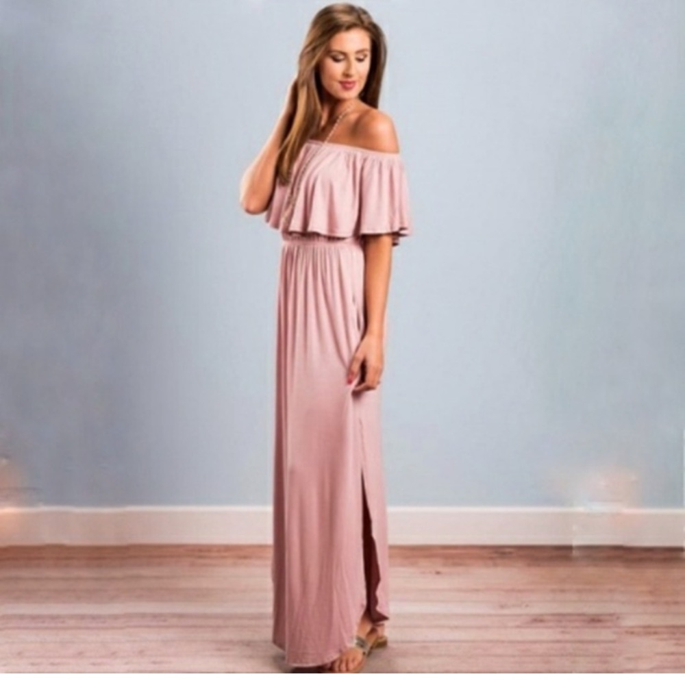 Elegant Pink Off-Shoulder Maxi Dress
